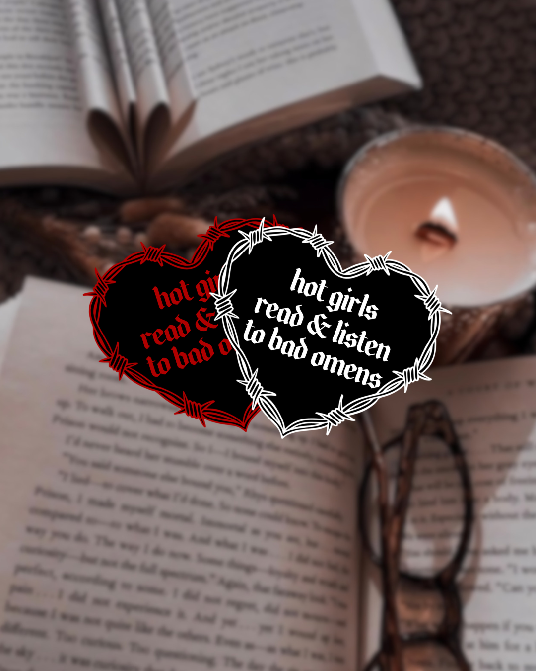 Barbwire Hot Girls Read Bad Omens Heart Sticker