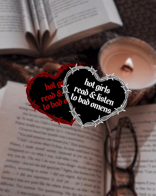 Barbwire Hot Girls Read Bad Omens Heart Sticker